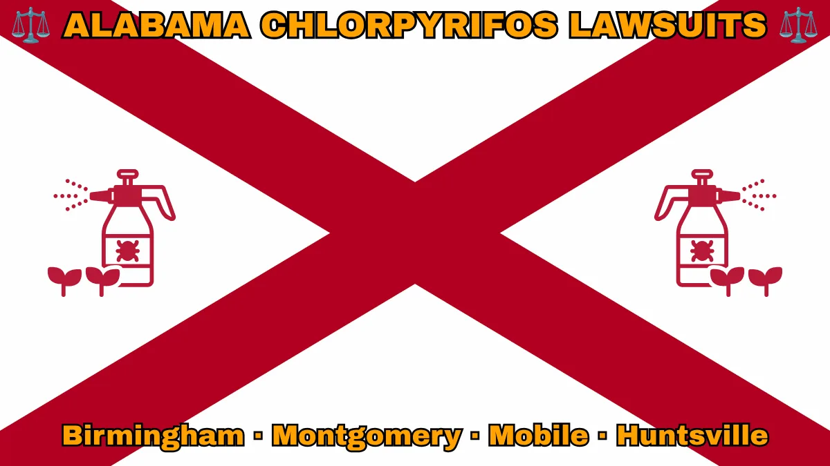ALABAMA CHLORPYRIFOS LAWSUITS: Birmingham, Montgomery, Mobile, and Huntsville text on AL state flag adorned with insecticide linked to Parkinson's disease depicted near a red St. Andrew's cross on a white background.
