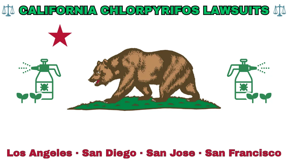 CALIFORNIA CHLORPYRIFOS LAWSUITS: Los Angeles, San Diego, San Jose, and San Francisco text on CA state flag adorned with insecticide linked to Parkinson's disease depicted near a grizzly bear and red star.