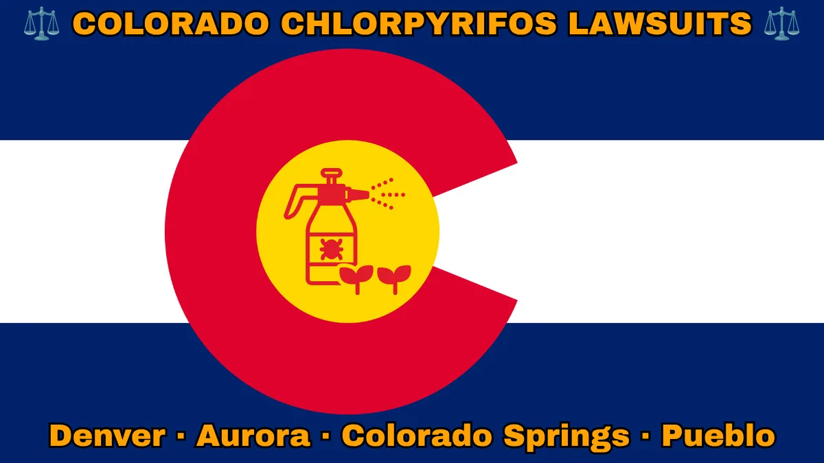 COLORADO CHLORPYRIFOS LAWSUITS: Denver, Aurora, Colorado Springs, and Pueblo text on CO state flag adorned with insecticide linked to Parkinson's disease depicted near an old red "C" with a golden circle on blue and white stripes