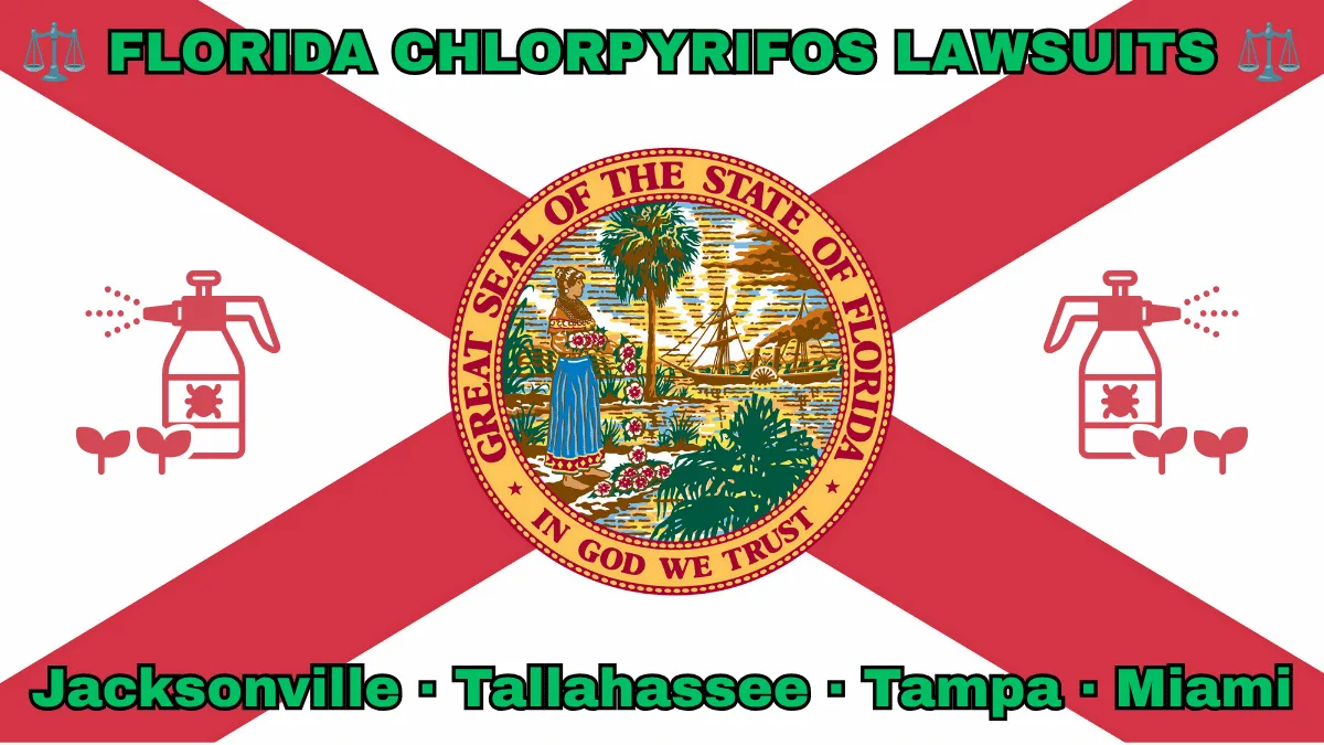 FLORIDA CHLORPYRIFOS LAWSUITS: Jacksonville, Tallahassee, Tampa, and Miami text on FL state flag adorned with insecticide linked to Parkinson's disease depicted near a red cross and SEAL of a Seminole woman scattering flowers by a shoreline with a boat, palm trees, and sunlight.