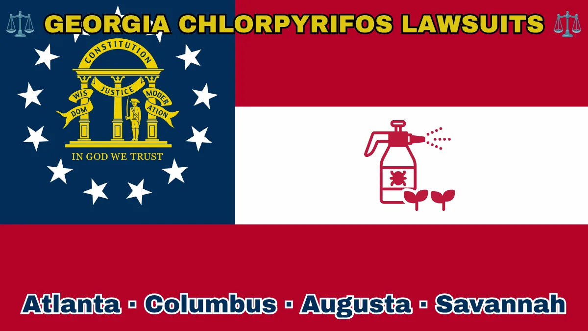 GEORGIA CHLORPYRIFOS LAWSUITS: Atlanta, Columbus, Augusta, and Savannah text on GA state flag adorned with insecticide linked to Parkinson's disease depicted near a gold arch on blue canton with three pillars and 13 white stars, next to three thick red and white stripes.