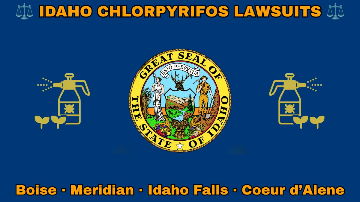 IDAHO CHLORPYRIFOS LAWSUITS: Boise, Meridian, Idaho Falls, and Coeur d’Alene text on ID state flag adorned with insecticide linked to Parkinson's disease depicted on a blue field near the official seal and banner