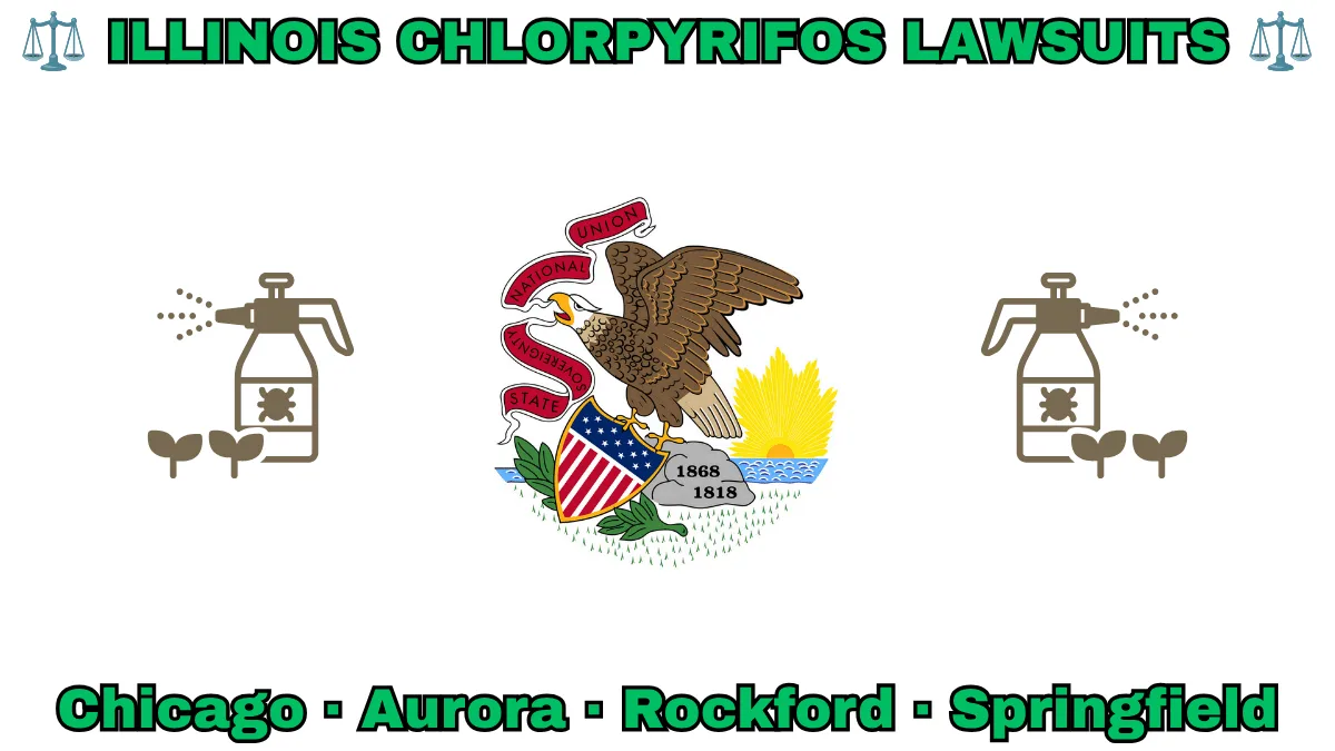 ILLINOIS CHLORPYRIFOS LAWSUITS: Chicago, Aurora, Rockford, and Springfield text on IL state flag adorned with insecticide linked to Parkinson's disease depicted near a bald eagle perched on a rock and holding a shield, as the sun shines bright.