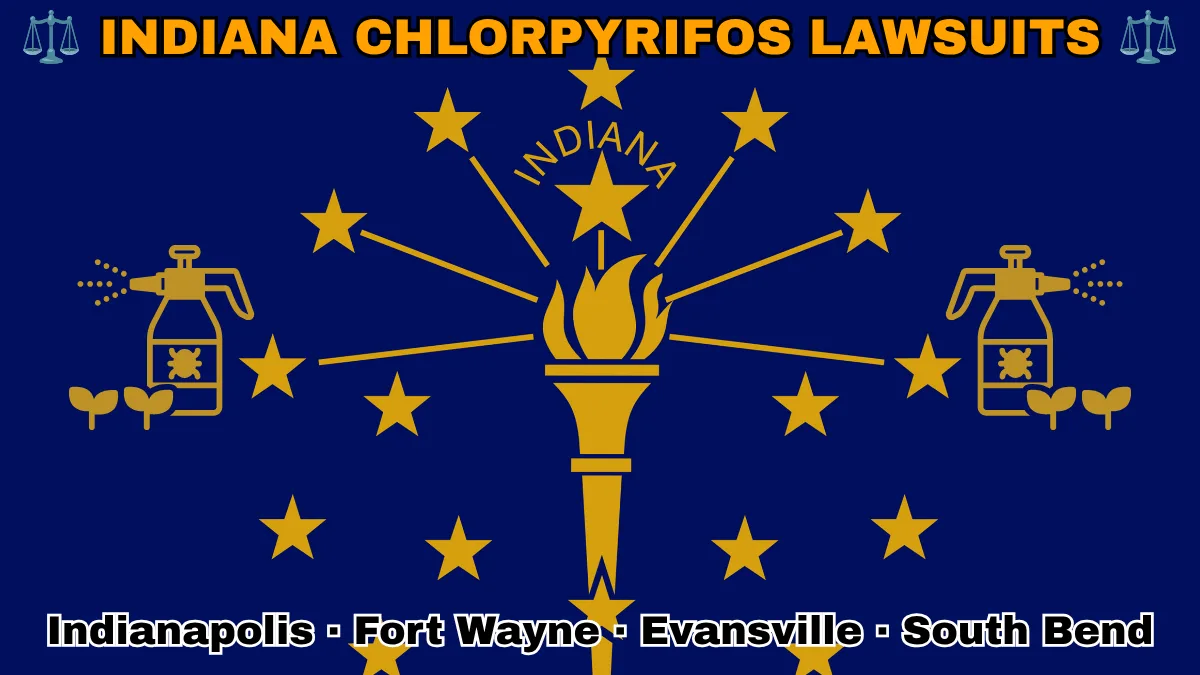 INDIANA CHLORPYRIFOS LAWSUITS: Indianapolis, Fort Wayne, Evansville, and South Bend text on IN state flag adorned with insecticide linked to Parkinson's disease depicted near a gold torch and stars.