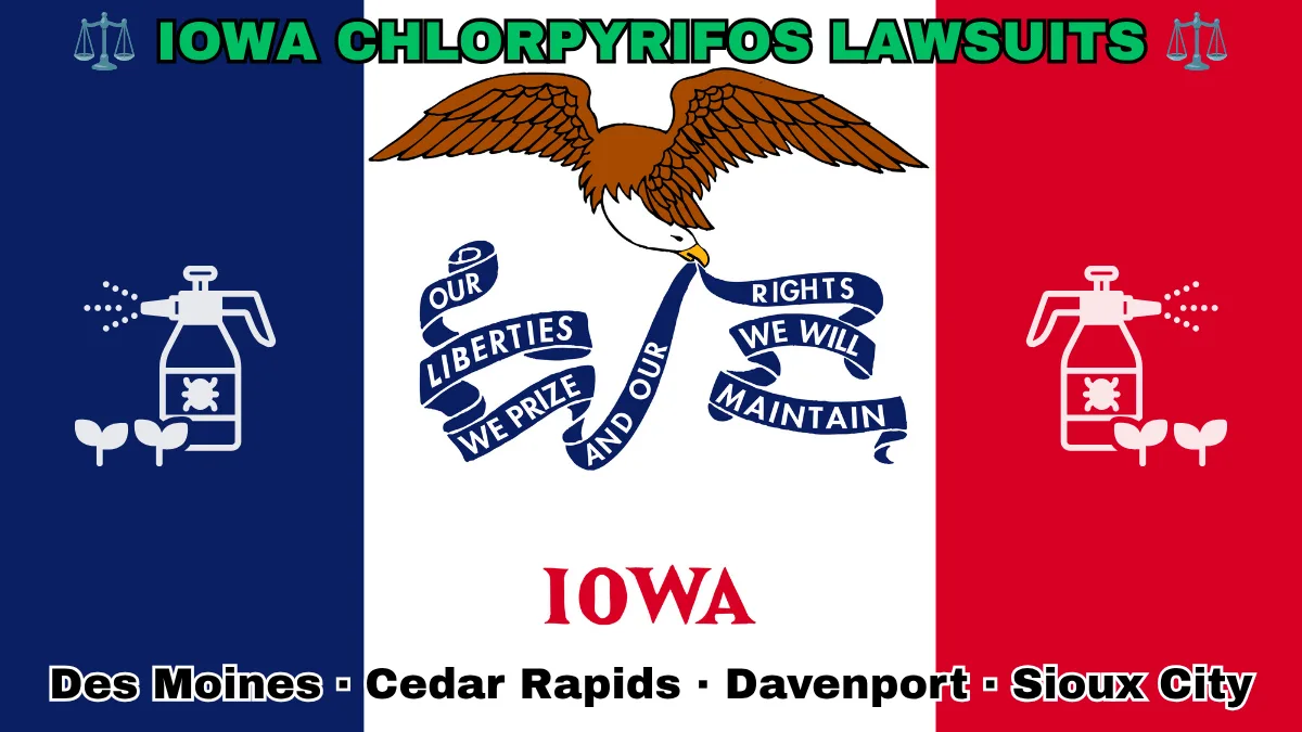 IOWA CHLORPYRIFOS LAWSUITS: Boise, Meridian, Idaho Falls, Coeur d'Alene text on IA state flag adorned with insecticide linked to Parkinson's disease depicted along blue, white, and red vertical stripes near an eagle and banner