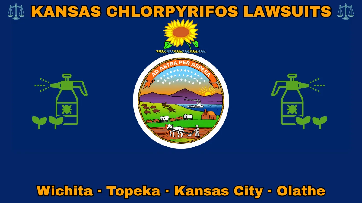 KANSAS CHLORPYRIFOS LAWSUITS: Wichita, Kansas City, Olathe, and Topeka text on KS state flag adorned with insecticide linked to Parkinson's disease depicted on a blue background near the official seal and a sunflower emblem