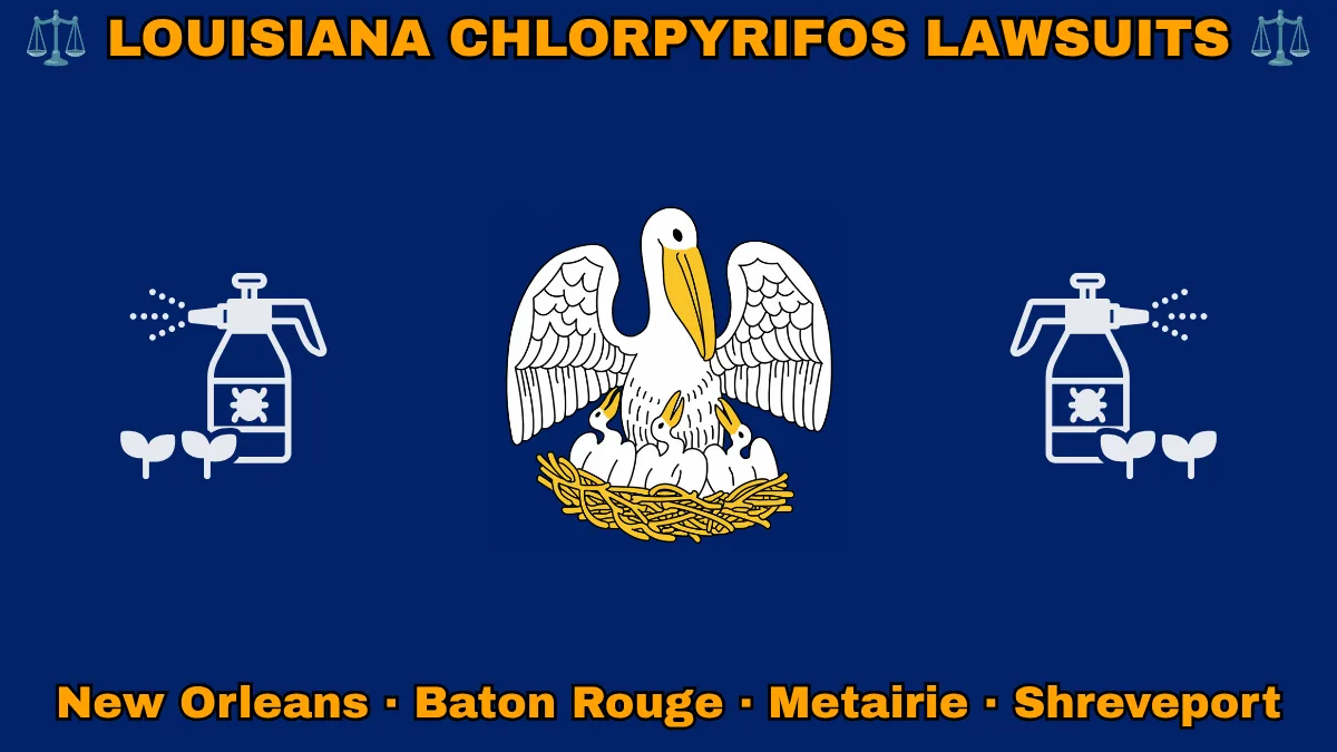 LOUISIANA CHLORPYRIFOS LAWSUITS: New Orleans, Baton Rouge, Metairie, and Shreveport text on LA state flag adorned with insecticide linked to Parkinson's disease depicted near a pelican feeding chicks with motto “UNION, JUSTICE, CONFIDENCE"