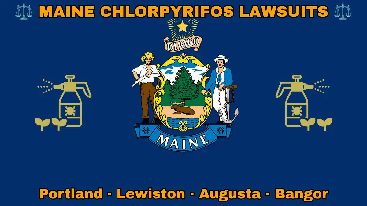 MAINE CHLORPYRIFOS LAWSUITS: Portland, Lewiston, Augusta, and Bangor text on ME state flag adorned with insecticide linked to Parkinson's disease depicted on a blue field near a shield, pine tree, moose, and “DIRIGO” motto