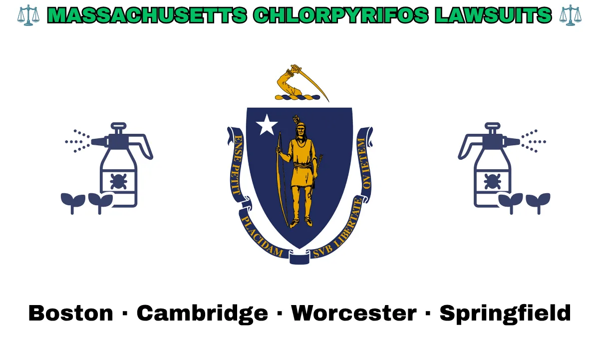 MASSACHUSETTS CHLORPYRIFOS LAWSUITS: Boston, Cambridge, Worcester, and Springfield text on MA state flag adorned with insecticide linked to Parkinson's disease depicted near a shield featuring a Native American person with bow and arrow under a star and sword.