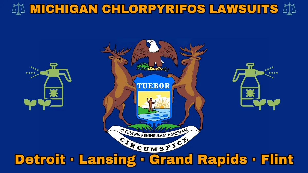 MICHIGAN CHLORPYRIFOS LAWSUITS: Detroit, Lansing, Grand Rapids, and Flint text on MI state flag adorned with insecticide linked to Parkinson's disease depicted near an elk, moose and bald eagle flanking a shield featuring a man standing on a sunny lake with a raised hand and rifle.