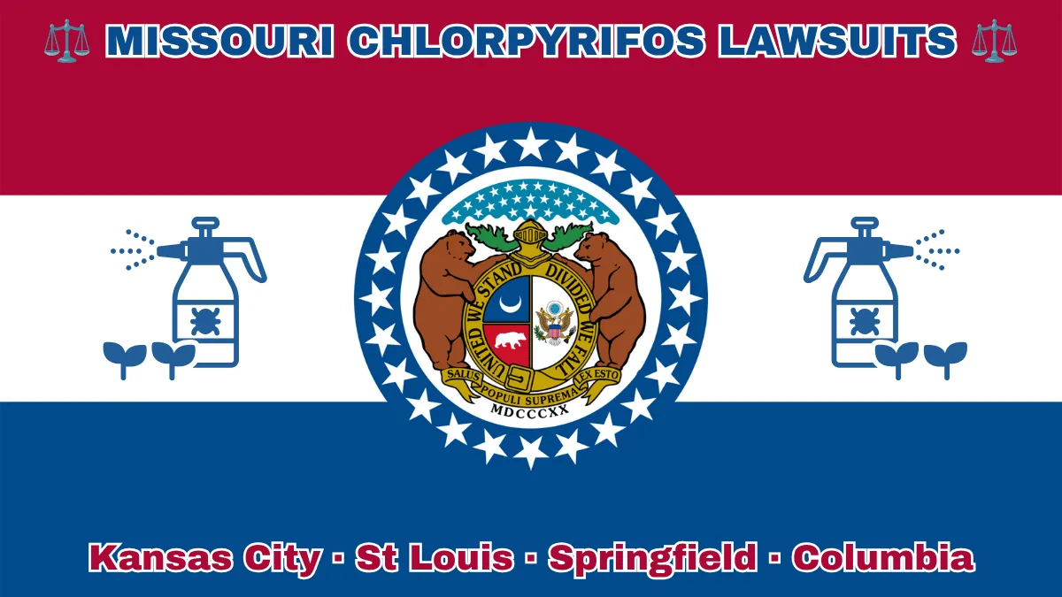 MISSOURI CHLORPYRIFOS LAWSUITS: Kansas City, St Louis, Springfield, and Columbia text on MO state flag adorned with insecticide linked to Parkinson's disease depicted near a ring of stars featuring two grizzly bears, a shield, and crescent moon, all on a red, white and blue background.