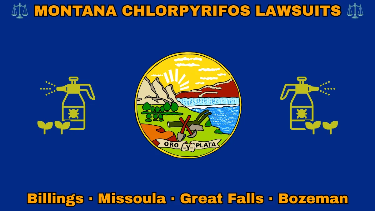 MONTANA CHLORPYRIFOS LAWSUITS: Billings, Missoula, Great Falls, and Bozeman text on MT state flag adorned with insecticide linked to Parkinson's disease depicted on a blue field near official seal featuring a plow and mountains