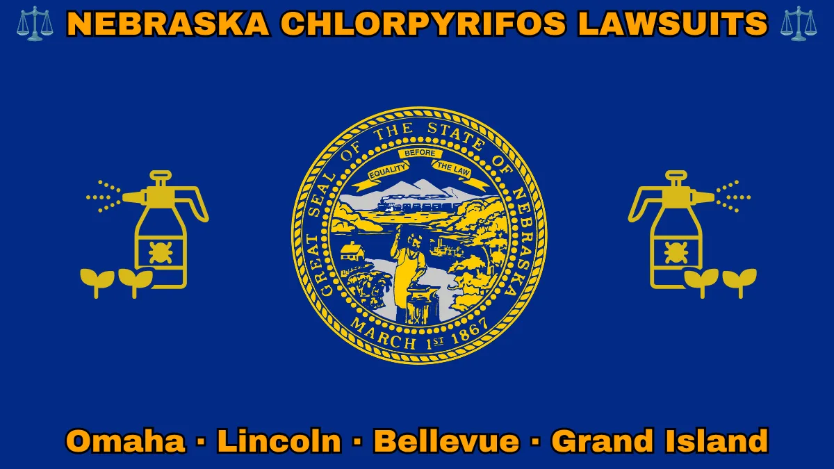NEBRASKA CHLORPYRIFOS LAWSUITS: Omaha, Lincoln, Bellevue, and Grand Island text on NE state flag adorned with insecticide linked to Parkinson's disease depicted on a dark blue field near the official seal in gold