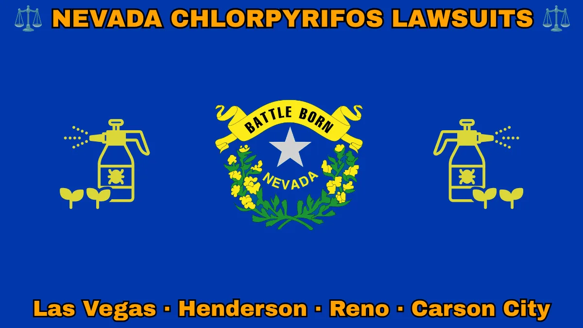 NEVADA CHLORPYRIFOS LAWSUITS: Las Vegas, Henderson, Reno, and Carson City text on NV state flag adorned with insecticide linked to Parkinson's disease depicted on a blue field near a silver star and “BATTLE BORN” motto