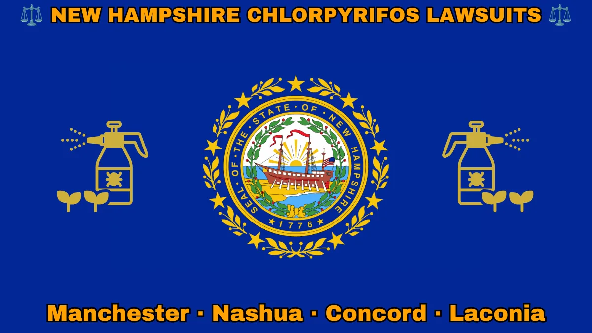 NEW HAMPSHIRE CHLORPYRIFOS LAWSUITS: Manchester, Nashua, Concord, and Laconia text on NH state flag adorned with insecticide linked to Parkinson's disease depicted on blue field near a Portsmouth's frigate encircled by laurel leaves and stars