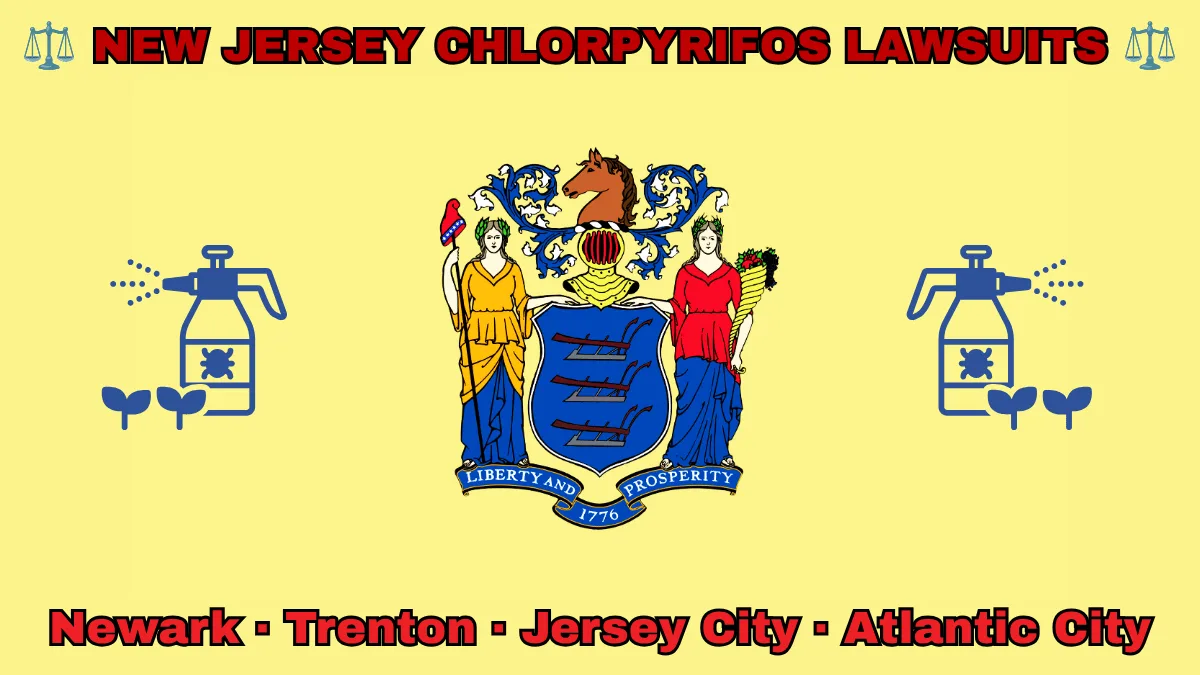 NEW JERSEY CHLORPYRIFOS LAWSUITS: Newark, Trenton, Jersey City, and Atlantic City text on NJ state flag adorned with insecticide linked to Parkinson's disease depicted near a shield with three plows, the goddesses Liberty and Ceres, and a horse head.