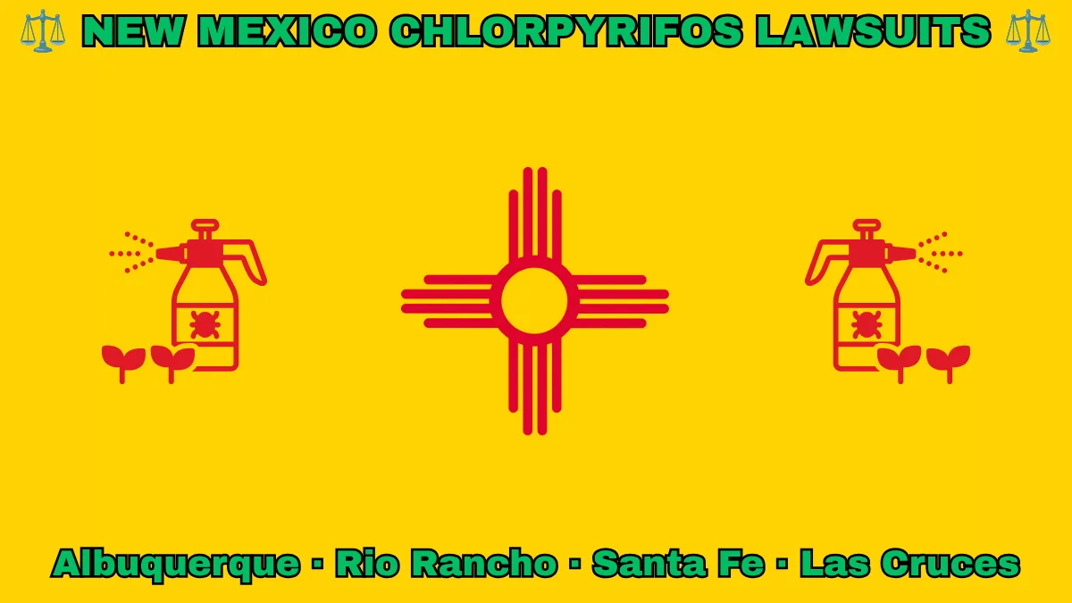 NEW MEXICO CHLORPYRIFOS LAWSUITS: Albuquerque, Rio Rancho, Santa Fe, and Las Cruces text on NM state flag adorned with insecticide linked to Parkinson's disease depicted on a yellow background near a red Zia sun symbol