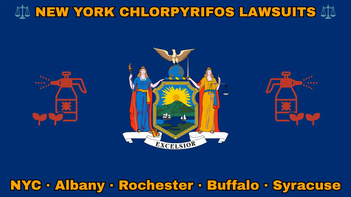NEW YORK CHLORPYRIFOS LAWSUITS: NYC, Albany, Rochester, Buffalo, and Syracuse text on NY state flag adorned with insecticide linked to Parkinson's disease depicted near Liberty and Justice holding a sword and scales, an eagle atop a globe, and a shield featuring the sun shining over the mountains onto Hudson River boaters.