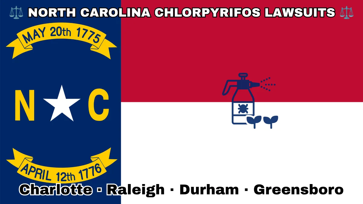 NORTH CAROLINA CHLORPYRIFOS LAWSUITS: Charlotte, Raleigh, Durham, and Greensboro text on NC state flag adorned with insecticide linked to Parkinson's disease depicted near a star along blue, red and white color blocks.