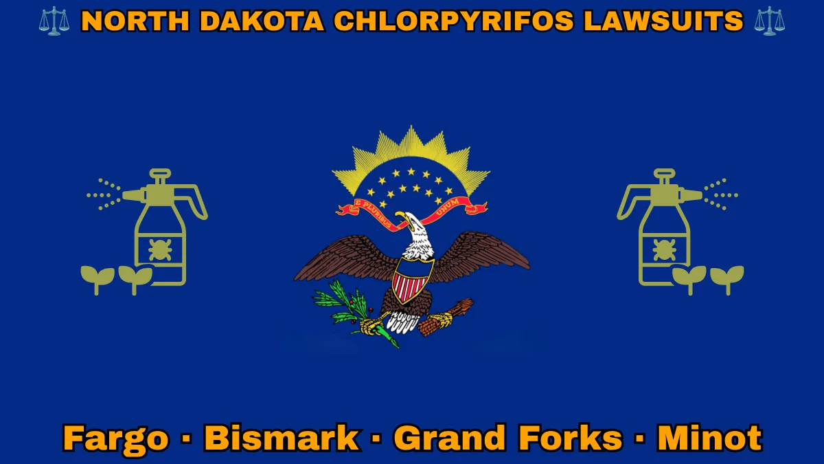 NORTH DAKOTA CHLORPYRIFOS LAWSUITS: Fargo, Bismark, Grand Forks, and Minot text on ND state flag adorned with insecticide linked to Parkinson's disease depicted on a blue field near a bald eagle, ribbon, and shield.