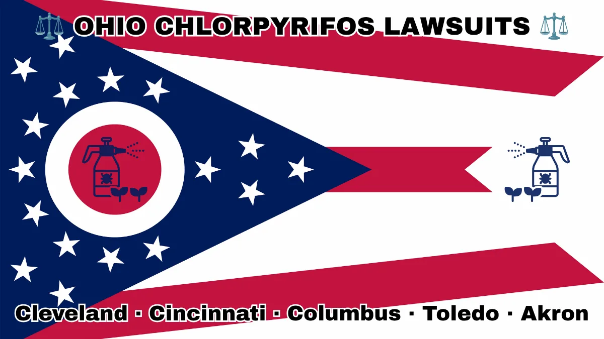 OHIO CHLORPYRIFOS LAWSUITS: Cleveland, Cincinnati, Columbus, Toledo, and Akron text on OH state flag adorned with insecticide linked to Parkinson's disease depicted near a triangular swallowtail with red, white, and blue stripes and stars.