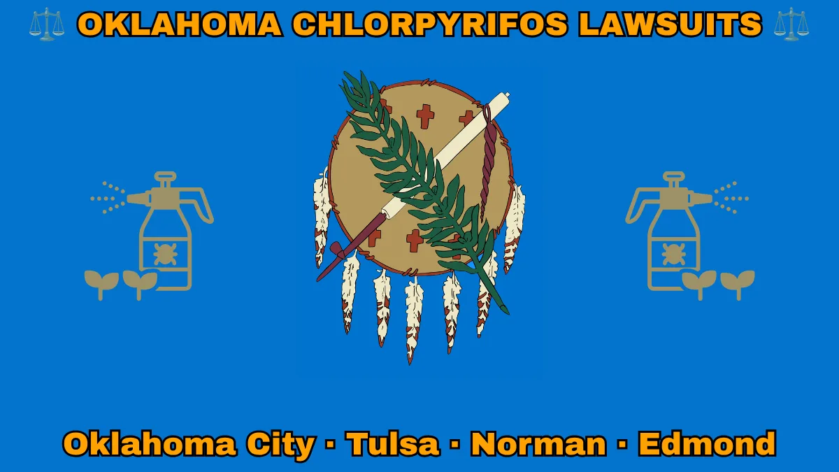 OKLAHOMA CHLORPYRIFOS LAWSUITS: Oklahoma City, Tulsa, Norman, and Edmond text on OK state flag adorned with insecticide linked to Parkinson's disease depicted on a sky blue field near an Osage shield featuring an olive branch and peace pipe