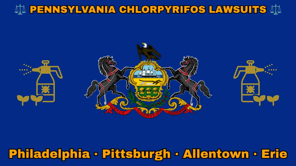 PENNSYLVANIA CHLORPYRIFOS LAWSUITS: Philadelphia, Pittsburgh, Allentown, and Erie text on PA state flag adorned with insecticide linked to Parkinson's disease depicted near horses and an eagle flanking a shield featuring a ship, plow, and sheaves of wheat.