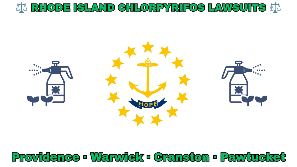 RHODE ISLAND CHLORPYRIFOS LAWSUITS: Providence, Warwick, Cranston, and Pawtucket text on RI state flag adorned with insecticide linked to Parkinson's disease depicted on a white background near an anchor, gold stars, and “HOPE” motto