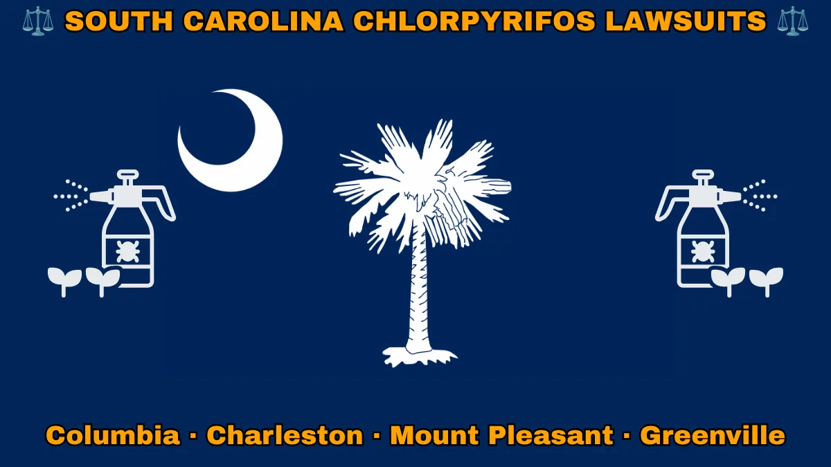 SOUTH CAROLINA CHLORPYRIFOS LAWSUITS: Columbia, Charleston, Mount Pleasant, and Greenville text on SC state flag adorned with insecticide linked to Parkinson's disease depicted on a blue field near a white palmetto tree and crescent moon