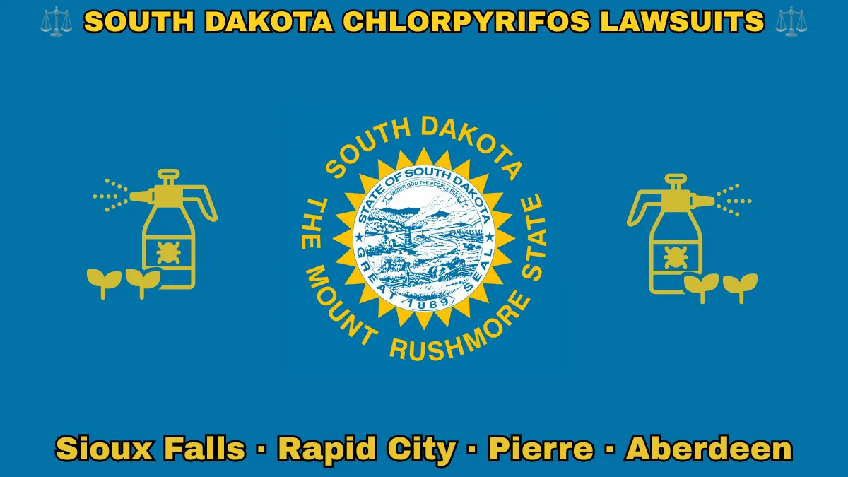 SOUTH DAKOTA CHLORPYRIFOS LAWSUITS: Sioux Falls, Rapid City, Pierre, and Aberdeen text on SD state flag adorned with insecticide linked to Parkinson's disease depicted on a blue field near the official seal and words "THE MOUNT RUSHMORE STATE"