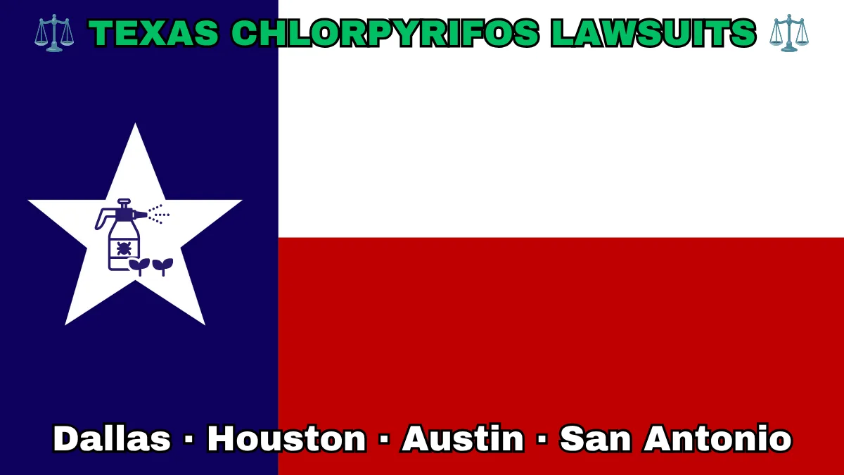 TEXAS CHLORPYRIFOS LAWSUITS: Dallas, Houston, Austin, and San Antonio text on TX state flag adorned with insecticide linked to Parkinson's disease depicted on a Lone Star near blue, red and white color blocks.
