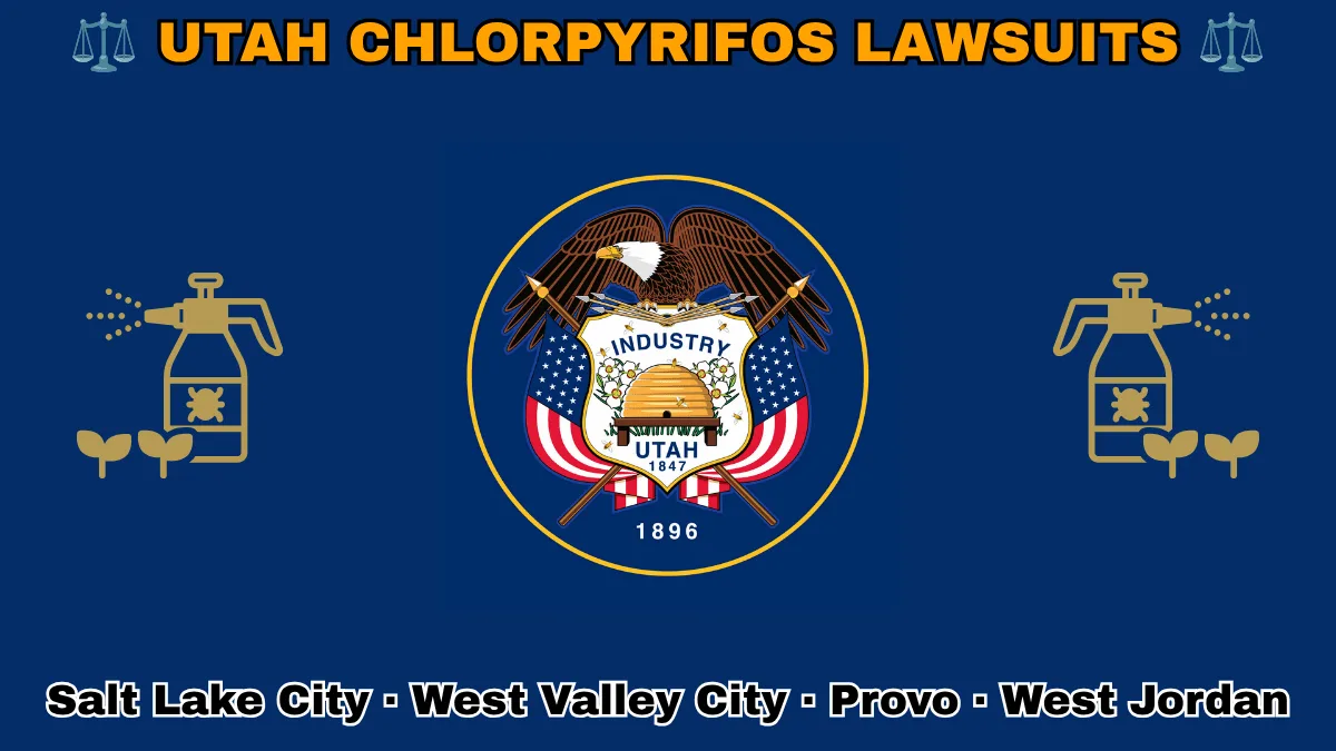 UTAH CHLORPYRIFOS LAWSUITS: Salt Lake City, West Valley City, Provo, and West Jordan text on UT state flag adorned with insecticide linked to Parkinson's disease depicted on a blue field near a beehive, bald eagle, motto and date