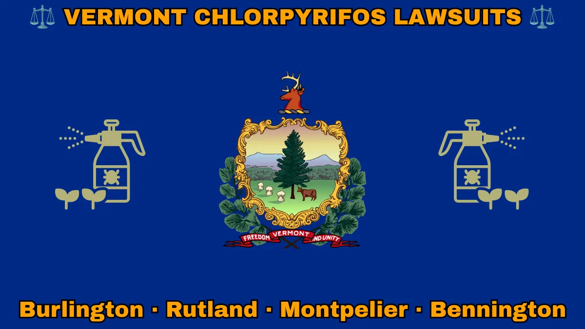 VERMONT CHLORPYRIFOS LAWSUITS: Burlington, Rutland, Montpelier, and Bennington text on VT state flag adorned with insecticide linked to Parkinson's disease depicted on a blue field near the official coat of arms featuring a pine tree and cow