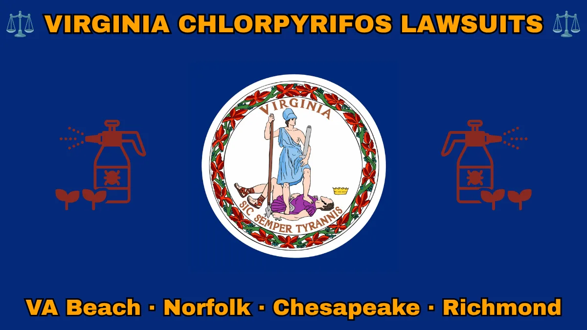 VIRGINIA CHLORPYRIFOS LAWSUITS: VA Beach, Norfolk, Chesapeake, and Richmond text on VA state flag adorned with insecticide linked to Parkinson's disease depicted near Virtus defeating Tyranny with a spear and sword.