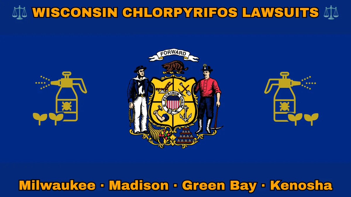 WISCONSIN CHLORPYRIFOS LAWSUITS: Milwaukee, Madison, Green Bay, and Kenosha text on WI state flag adorned with insecticide linked to Parkinson's disease depicted near a sailor and miner flanking a shield featuring agriculture, mining, manufacturing, and navigation, a badger above, and a cornucopia and lead ingot.
