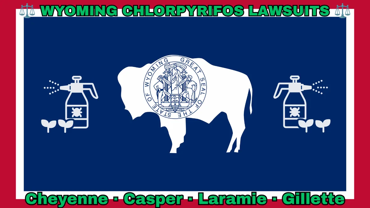 WYOMING CHLORPYRIFOS LAWSUITS: Cheyenne, Casper, Laramie, and Gillette text on WY state flag adorned with insecticide linked to Parkinson's disease depicted on a blue field bordered in white and red near a white bison bearing the official seal.