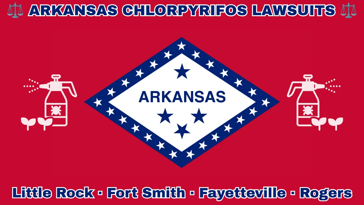 ARKANSAS CHLORPYRIFOS LAWSUITS: Little Rock, Fort Smith, Fayetteville, and Rogers text on AR state flag adorned with insecticide linked to Parkinson's disease depicted on a diamond-shaped border lined with stars