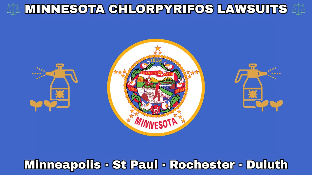 MINNESOTA CHLORPYRIFOS LAWSUITS: Minneapolis, St Paul, Rochester, and Duluth text on MN state flag adorned with insecticide linked to Parkinson's disease depicted on blue background near the official seal featuring a wreath of pink-and-white lady’s slippers