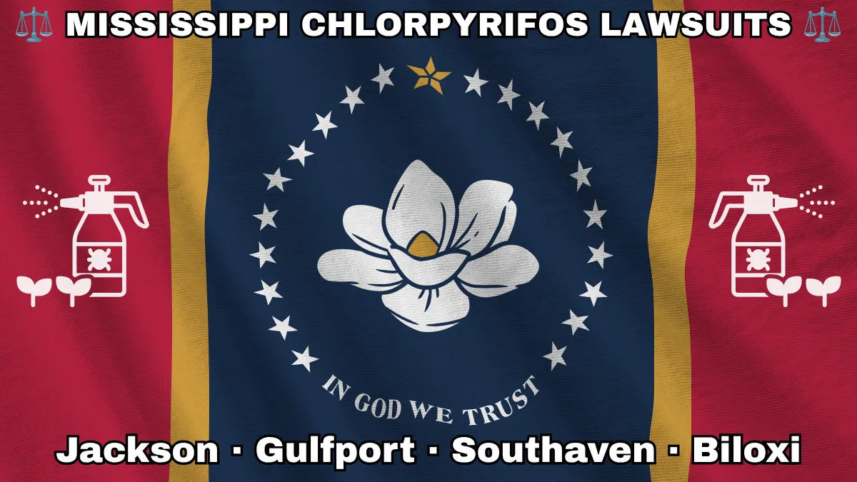 MISSISSIPPI CHLORPYRIFOS LAWSUITS: Jackson, Gulfport, Southaven, and Biloxi text on MS state flag adorned with insecticide linked to Parkinson's disease depicted along red, gold, and blue stripes near magnolia blossom and stars