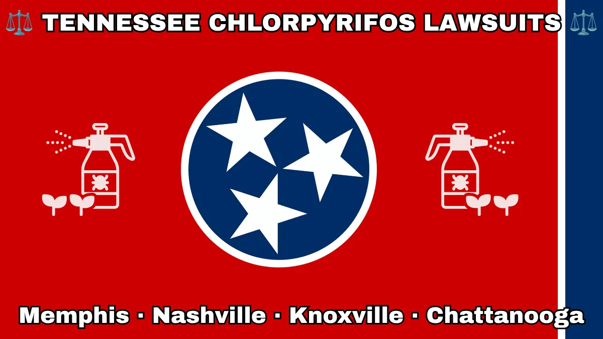 TENNESSEE CHLORPYRIFOS LAWSUITS: Memphis, Nashville, Knoxville, and Chattanooga text on TN state flag adorned with insecticide linked to Parkinson's disease depicted on a red background near three white stars on a blue circle and vertical blue stripe.